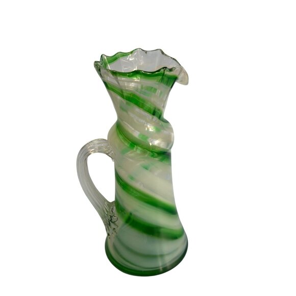 Smith's Old Timer Green & White Swirled Glass Pitcher With Ruffled Rim 8 1/2" - Picture 1 of 8